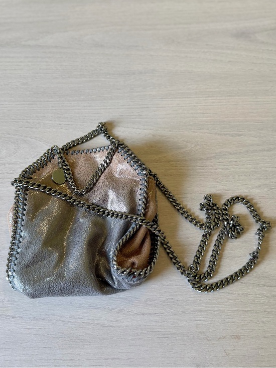 Stella McCartney Handbags - Stella McCartney Tiny Falabella Metallic Gray Chain-Trim Women's Crossbody Bag